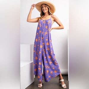 easel Purple Floral Wide-Leg Jumpsuit with Orange Print